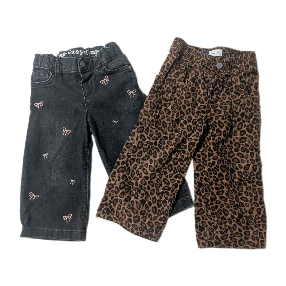 Baby Girls 2T Pants Bundle Old Navy Leopard Cat & Jack Bow Jeans Wide Leg